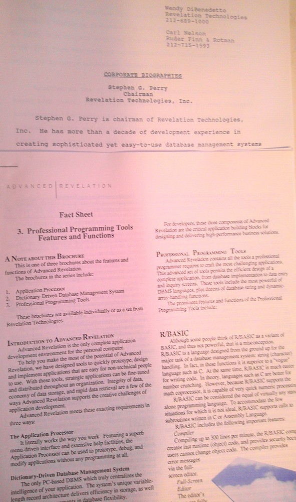 Advanced Revelation press kit. Application development environment for PCs