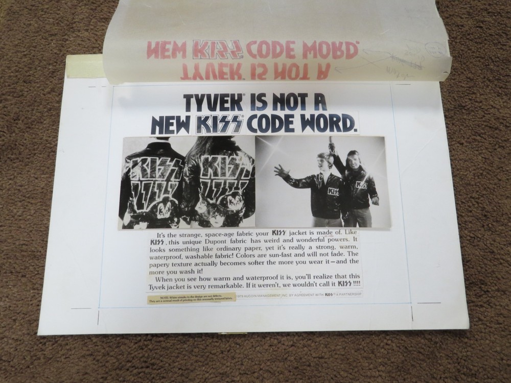 KISS FLAMES TYVEK JACKET ORIGINAL AD MOCKUP ARTWORK AUCOIN 1979