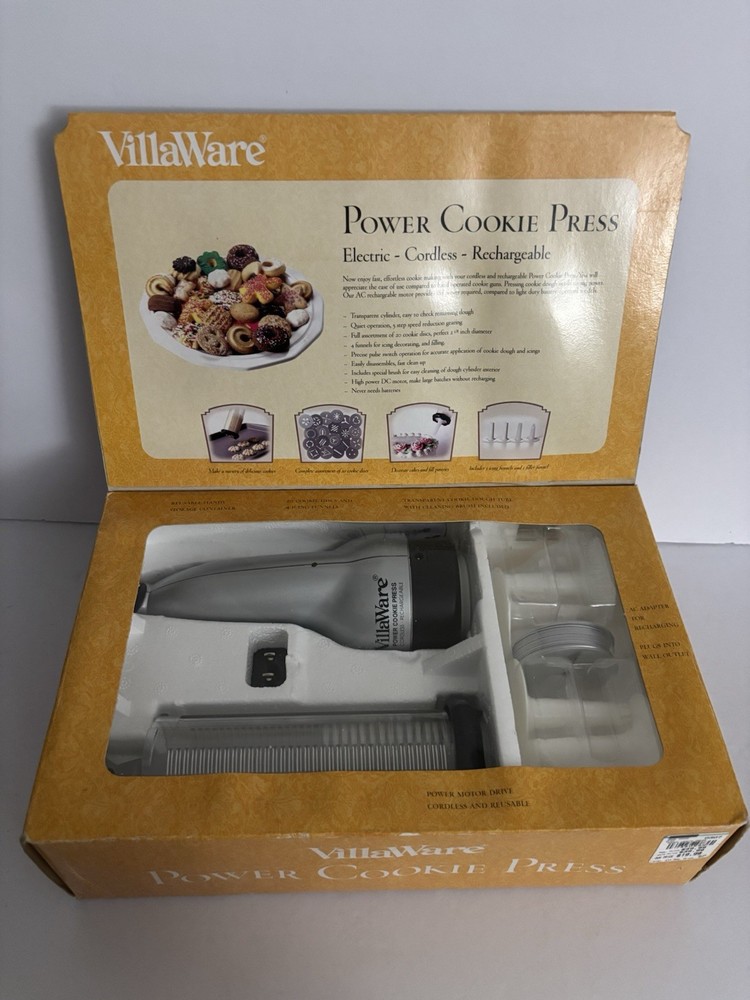 VillaWare Cookie Press Cordless Rechargeable 20 Cookie Discs, 4 Icing Tips NIB