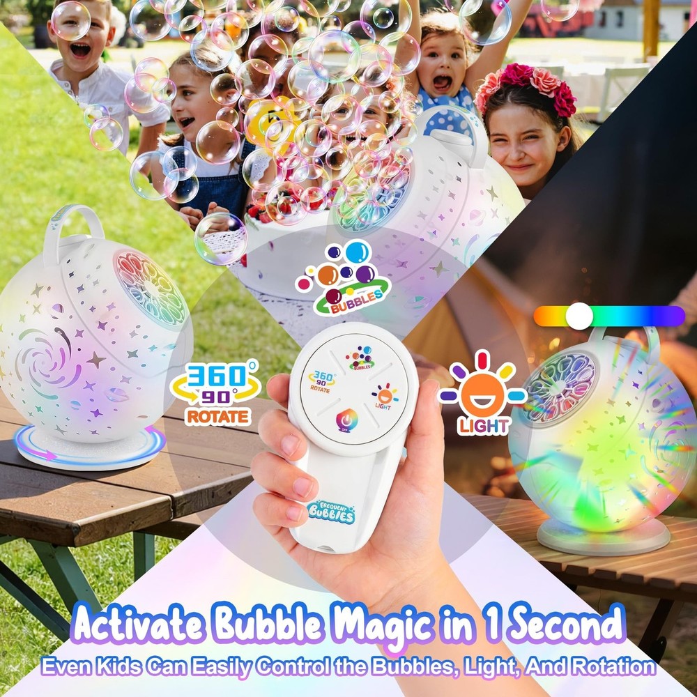 Bubble Machine with Remote Control, 360° Automatic Rotation & 7 RGB Lights