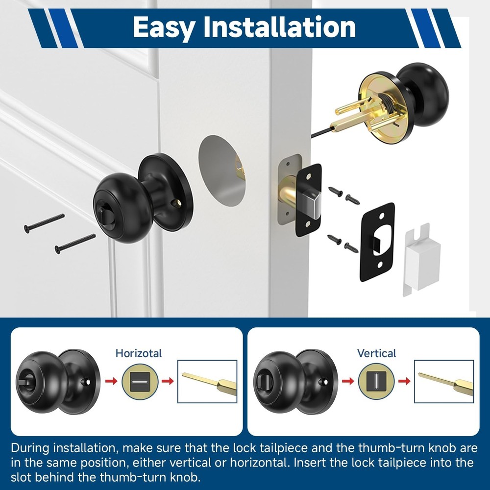 Estmoon 5 Pack Interior Door Knobs Black Privacy Door Handle, Keyless Door Lo...