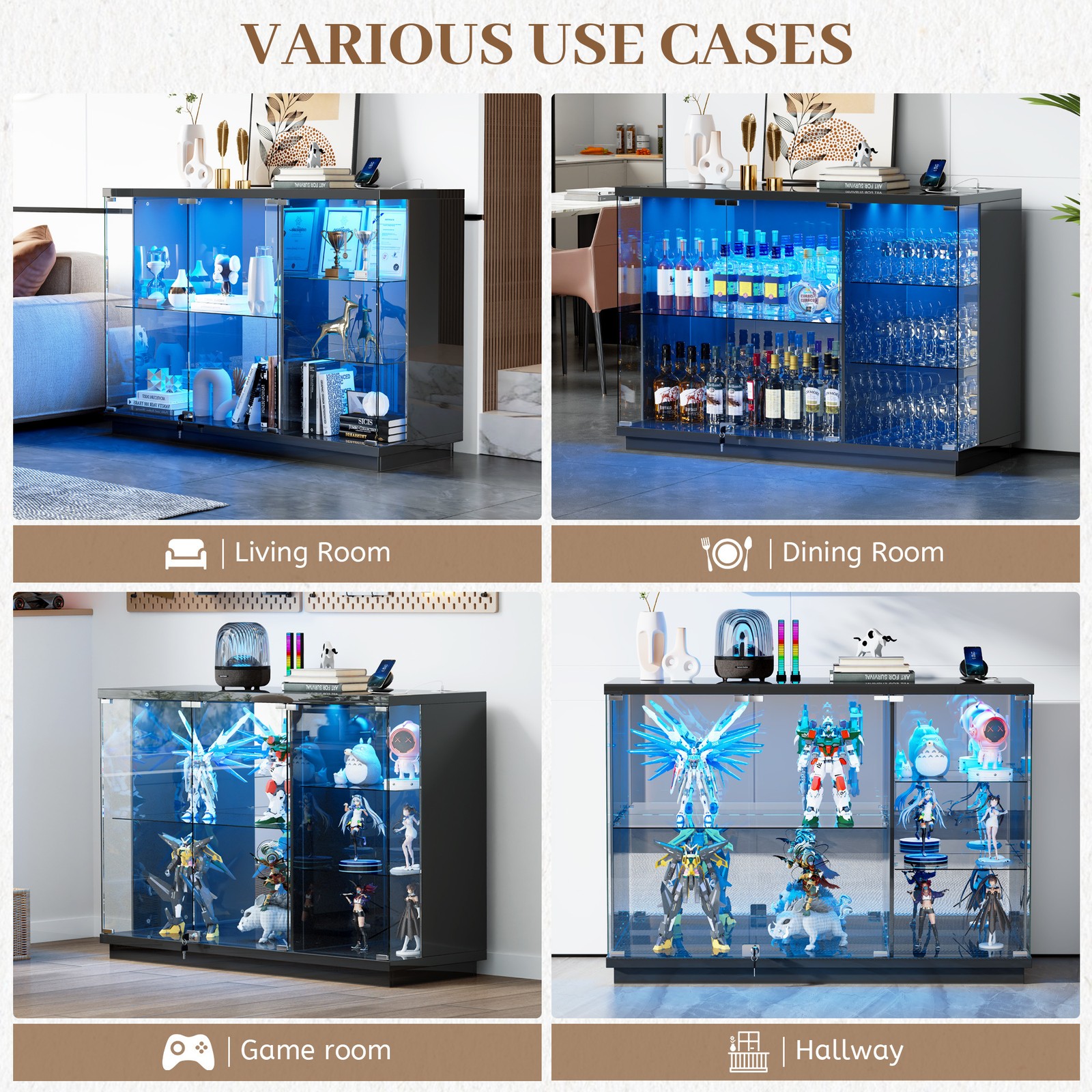 Black Glass Display Case with LED Light for Collectibles, Lockable Curio Cabinet