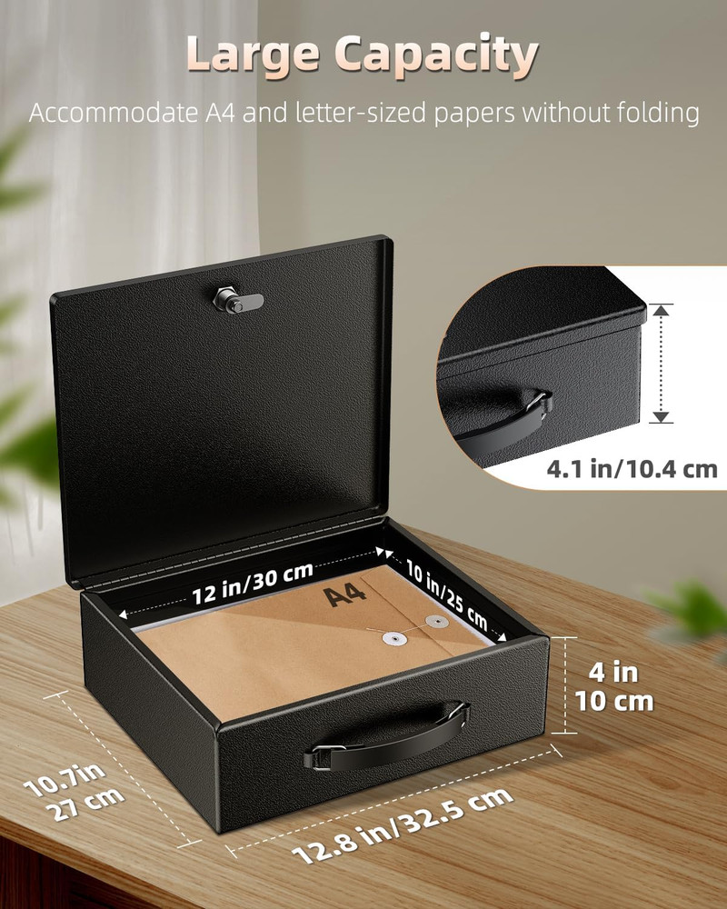 Fireproof Document Box with Key Lock & Handle, 13" X 10.9" X 4.1", Large Lock Bo