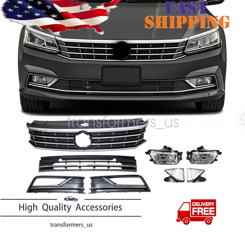 For 2016-2019 VW Passat Front Bumper Upper Lower Grille w/Fog Light & Reflector