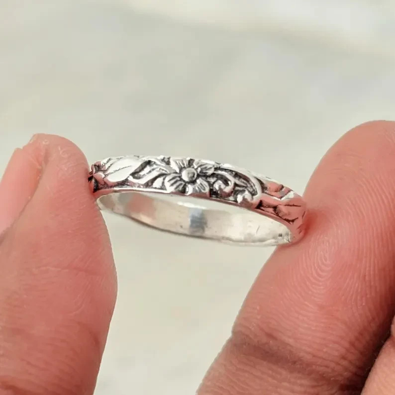 Solid 925 Silver Flower Ring, Sterling Silver Floral Band, Band Ring, All Size
