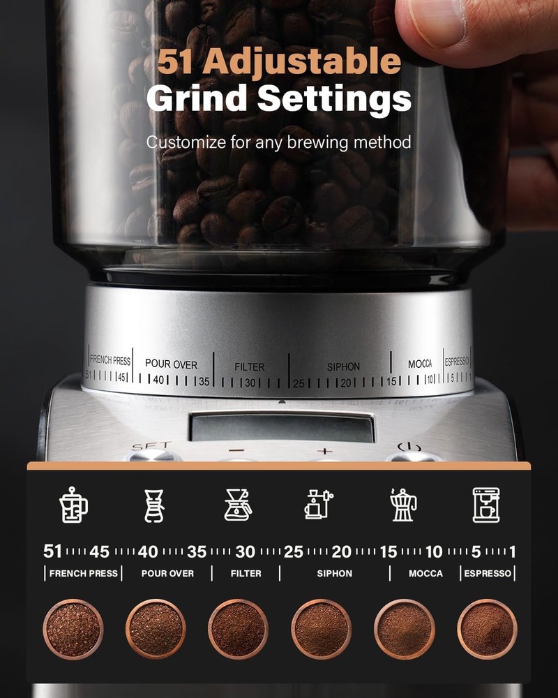 Electric Espresso Grinder Conical Burr 51 Settings Timer