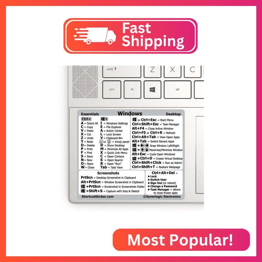 Synerlogic Windows PC Reference Keyboard Shortcut Sticker | Vinyl, Laminated Win