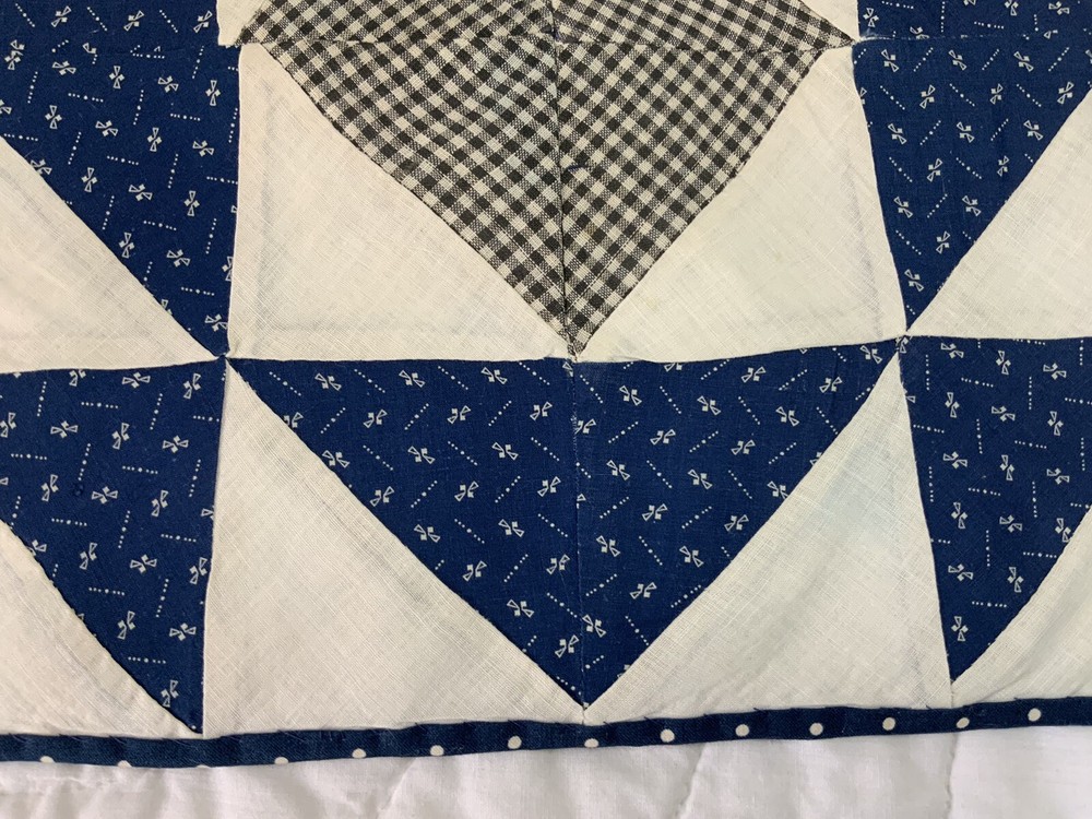 Vintage Patchwork Quilt Table Topper, Triangles, Early 1900’s, Navy, White
