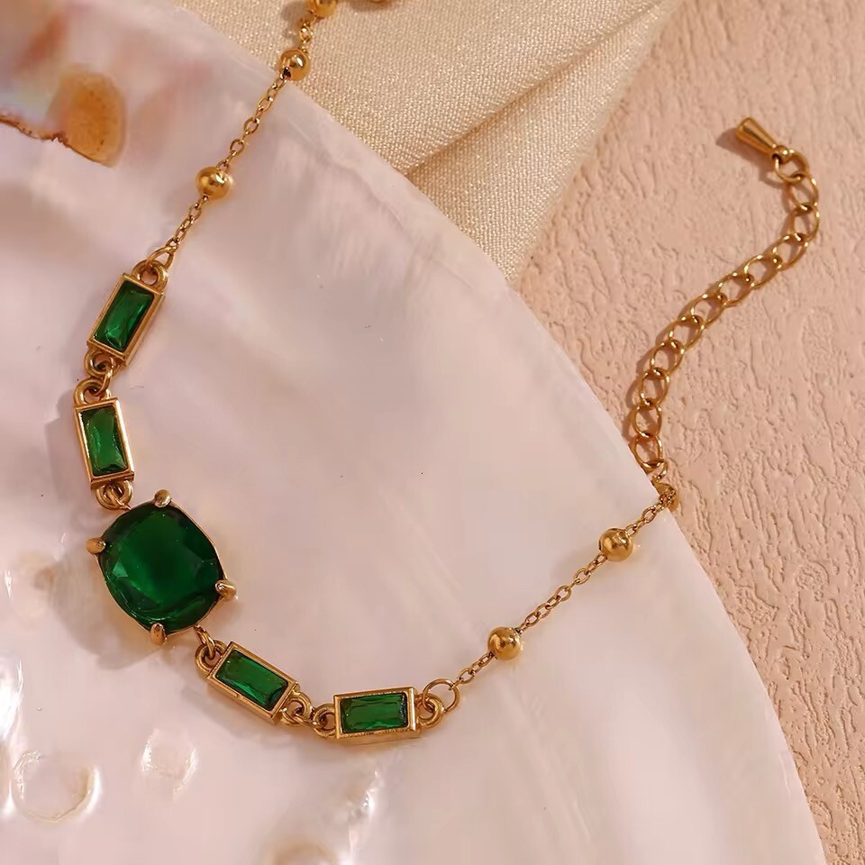 Green Oval Rectangular Bracelet Water Resistant 18K Gold Plated Prong Setting