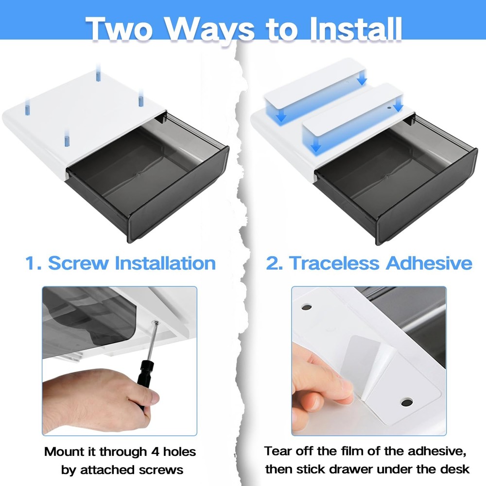 Self-adhesive Under Desk Drawer Organizer, 2 Pack Table Hidden Slide Out Larg...