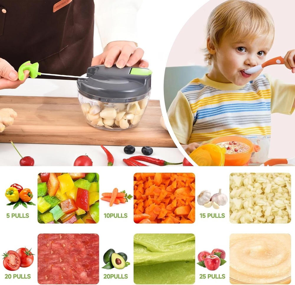 Manual Food Processor, Pull String Vegetable Chopper, 500ml Gray-Green
