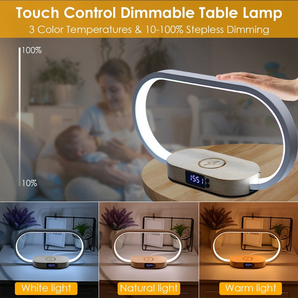 Bedside Table Lamp w/ Clock Wireless Charging LED Desk Lamp Dimmable Nightstand