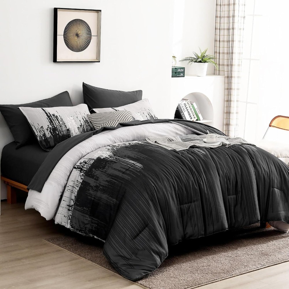 WONGS Queen King Comforter Set,Black Grey Abstract Art Gradient Soft Microfiber