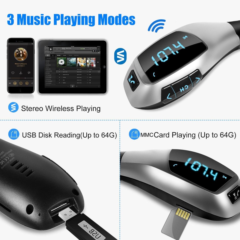 Car FM Wireless Transmitter USB Charge Hands-free Call MP3 Player Supports U TF