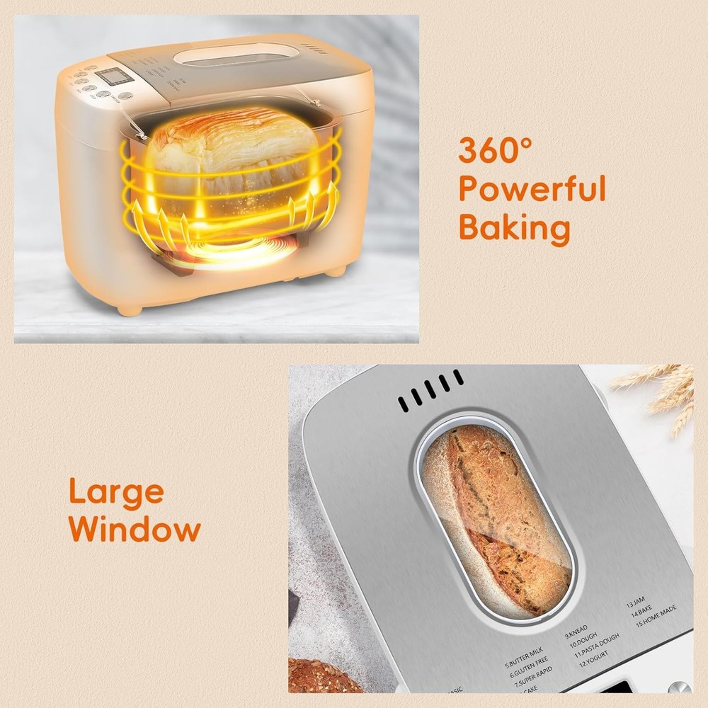 Davivy Bread Maker 3LB 15-in-1 Automatic Bread Machine w/ Silicone Baking Gloves