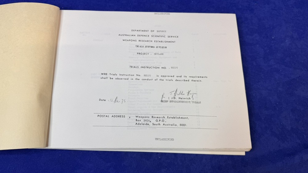 Project Skylark WRE Trials Instruction BS225 Australian Defence Document