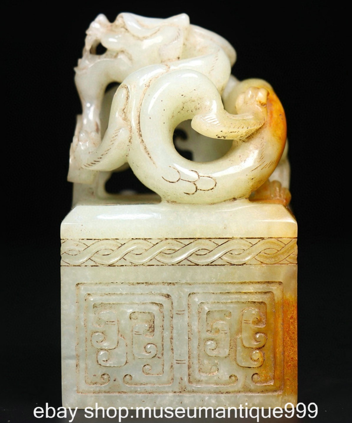 3.8" Old Chinese Hetian White Jade Carving Dragon Beast Seal Stamp Signet Set