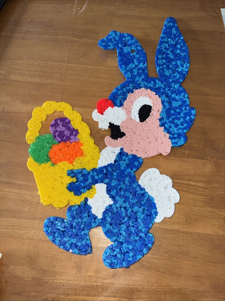 Vintage Melted Plastic Popcorn Decor Blue Easter Bunny With Basket Eggs Spring