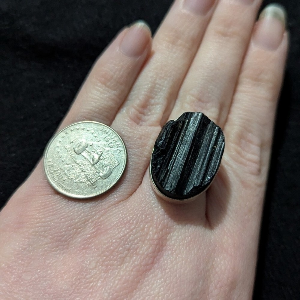 Silver Plated Black Tourmaline Gemstone Oval Statement Ring - Size 8.5