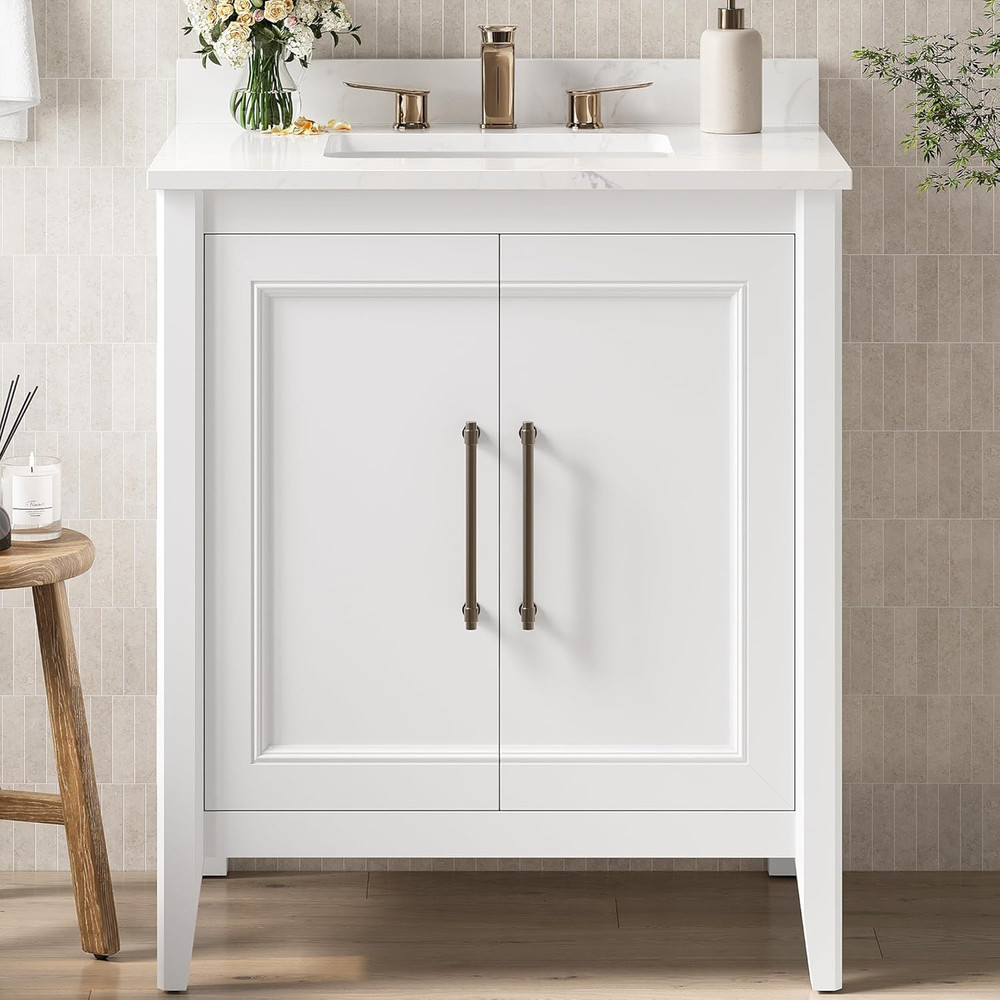 30" Modern Bathroom Vanity with Sink, Soft-Close Doors & Engineered Stone Top