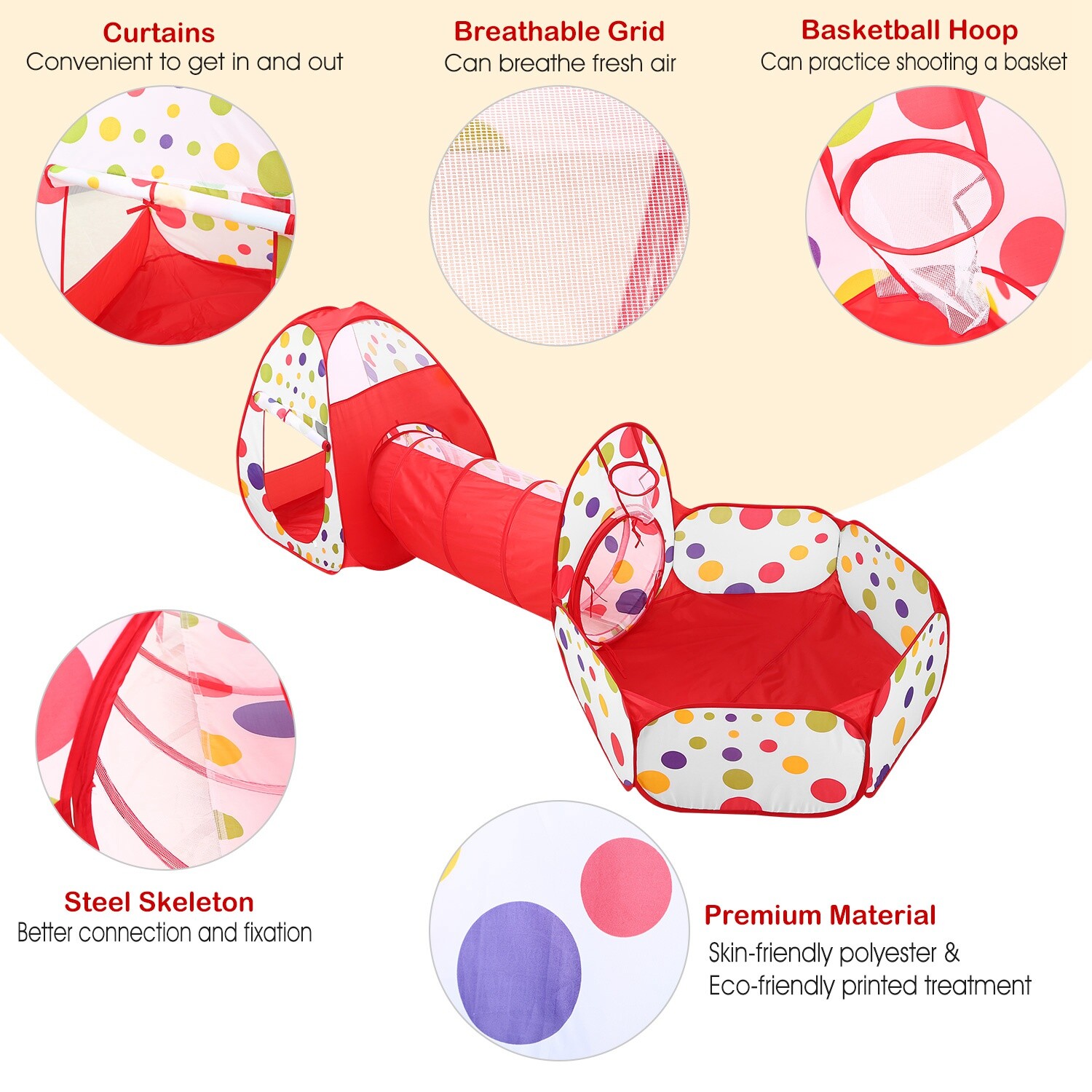 3-in-1 Kids Play Tents Crawl Tunnels & Ball Pit Playhouse Tent Indoor/Outdoor