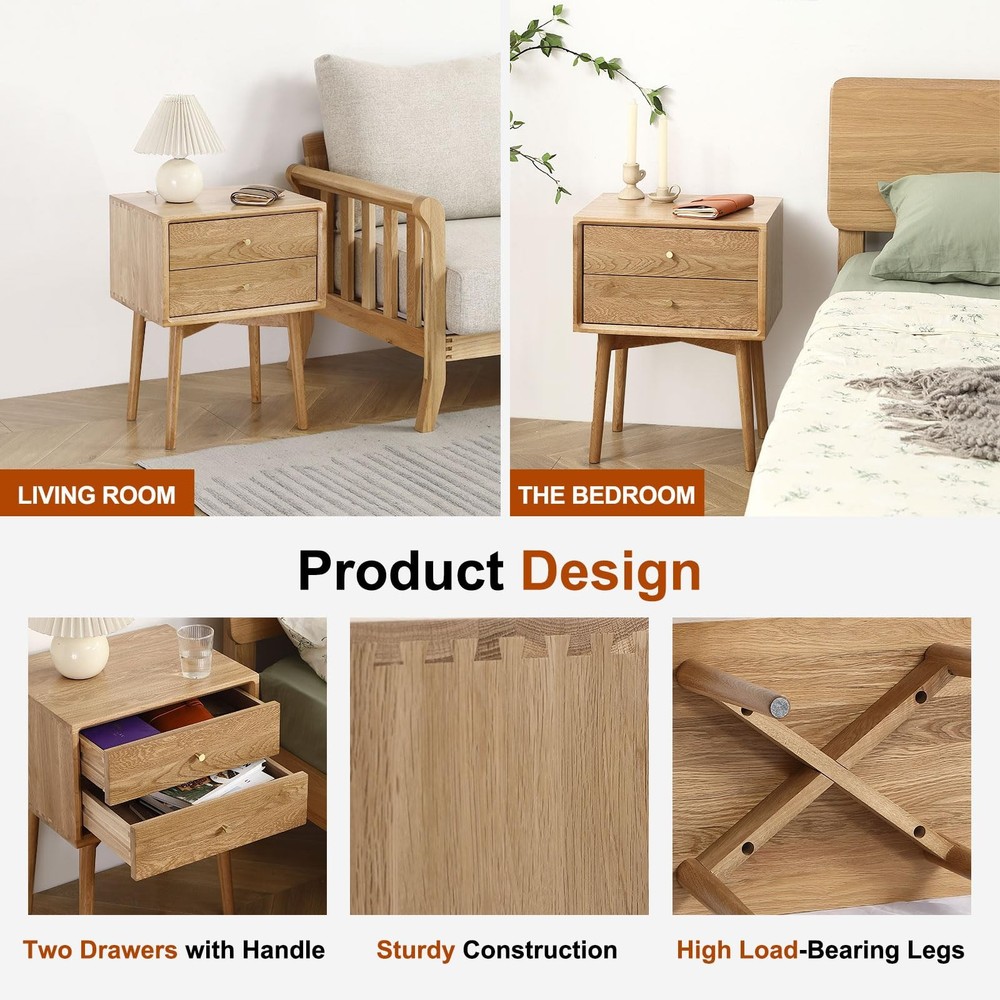 Mid Century Modern Nightstands, Oak Bedside Table Solid Wood End Table with D...