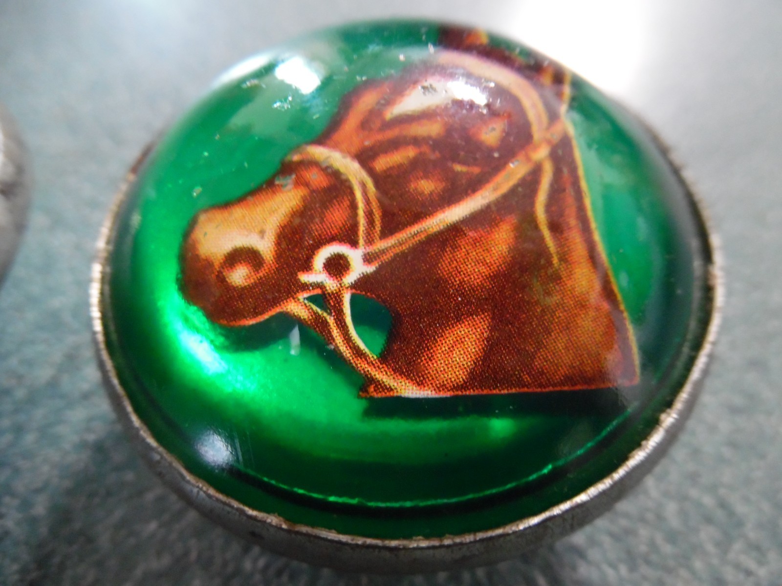 Vintage Pair Bridle Rosettes H.A. Chapman Horse Head Domed Green Glass 1960s