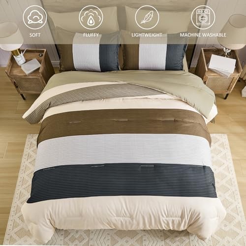 7 Pieces Striped Size Comforter Set, Soft Microfiber Down King Brown-beige