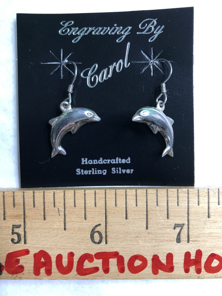Pair Vintage Sterling Silver DOLPHIN EARRINGS Wire Hook Dangle Handcrafted