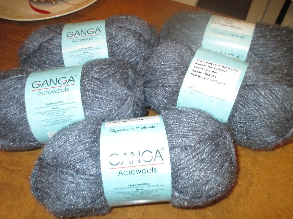 5 Skeins Lion Brand Ganga Acrowools Blue Grey Yarn