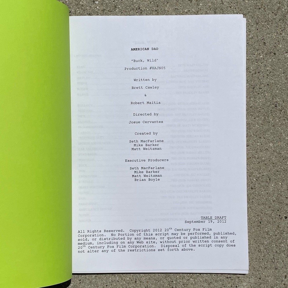 American Dad 2012 Buck, Wild Production Used Table Draft Script Seth MacFarlane