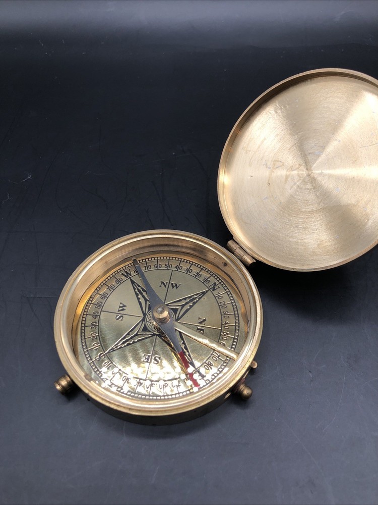 Vintage Solid Brass Pocket Compass 3 In Push Button Lock Collector Gift