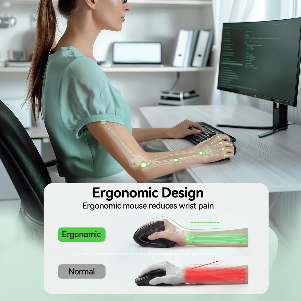 TECKNET Ergonomic Mouse, Rechargeable Vertical Ergo Mouse Wireless Black
