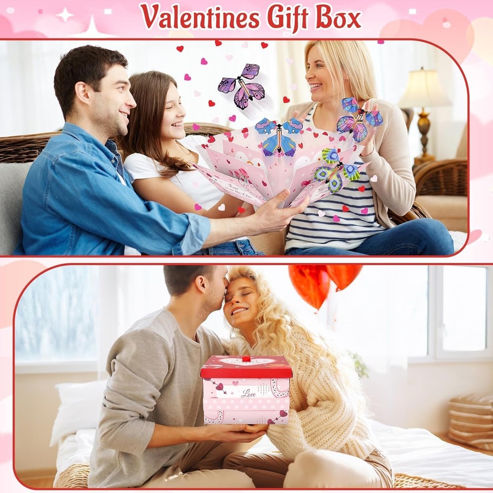 Valentine's Exploding Gift Box with Flying Butterflies and Heart Confetti