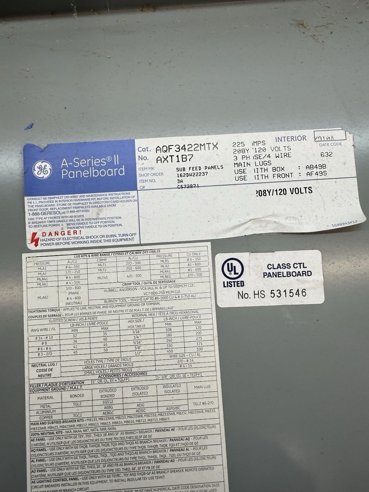 GE Panel Board AQF3422MTX AXT1B7 (DEAD FRONT ONLY)