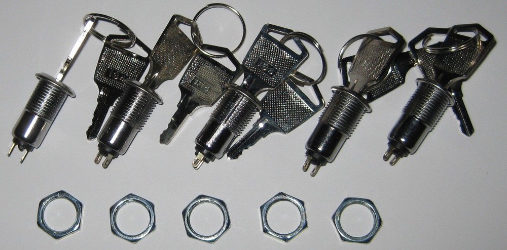 5 X SPST Rotary Keylock Switch - 2 Position Switchlock - 1/2" Dia. Panel Mount