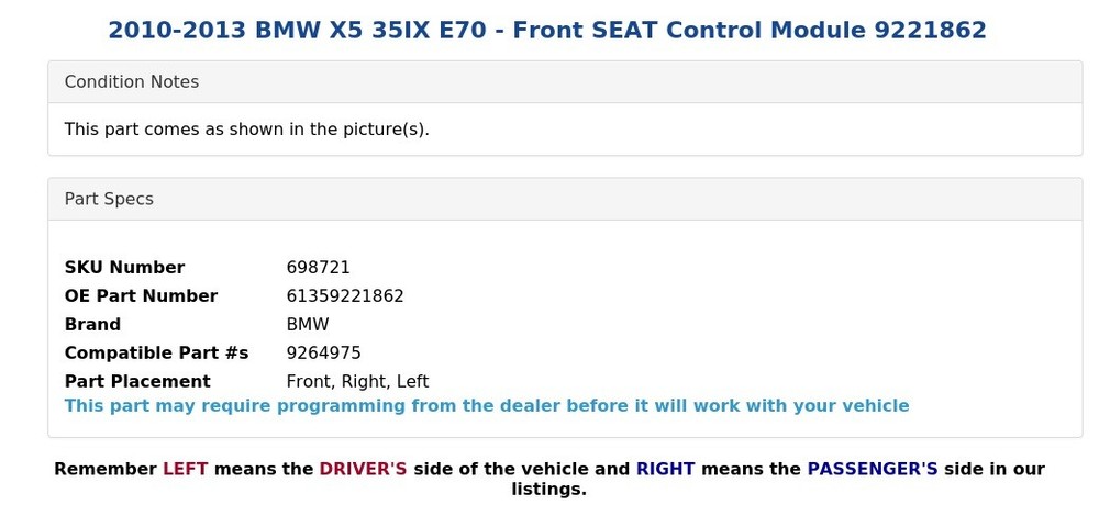 2010-2013 BMW X5 35IX E70 - Front SEAT Control Module 9221862