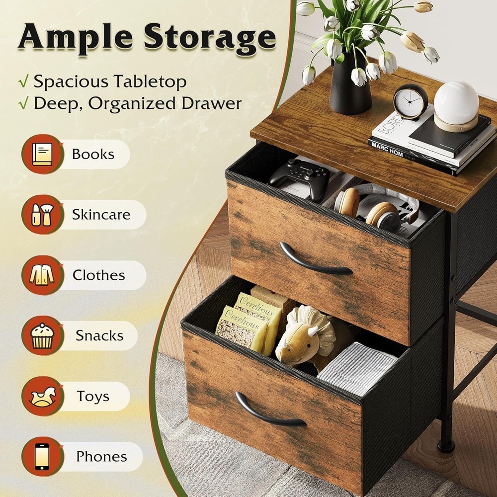 Stylish Bedside Table & Dresser Combo in Rustic Brown with Quick Assembly