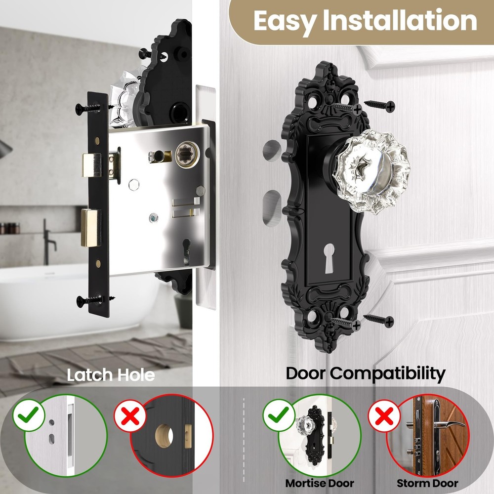 Antique Door Knobs Interior Mortise Lock Matte Black Door Knobs Crystal Glass...