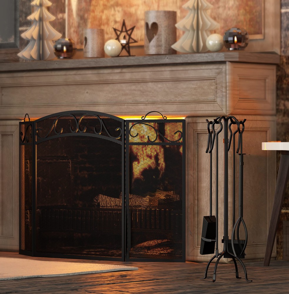5-Piece Fireplace Tools Set Heavy Duty Wrought Iron Fire Place Toolset Black