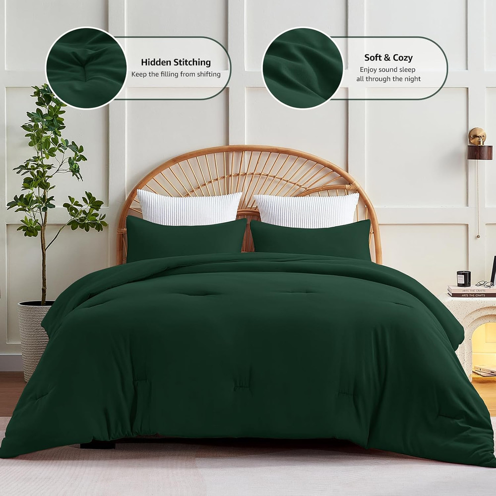 Dark Emerald Green Full Size Comforter Set, 3 Pieces Solid Breathable Quilted Be