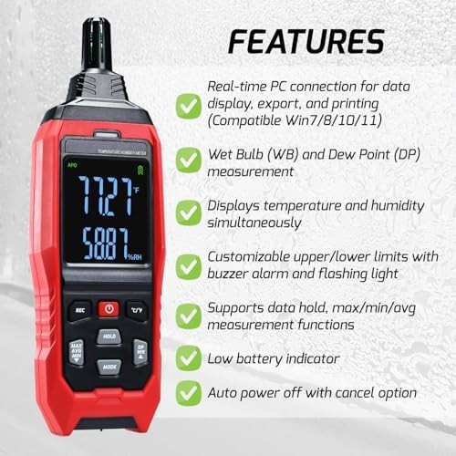 Digital Humidity & Temperature Meter Data Logger, LCD Psychrometer, Dew Point Al
