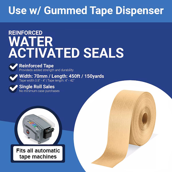 4 Pack Reinforced Water Activated Kraft Carton Sealing Gummed Tape 2.75"x450 ft