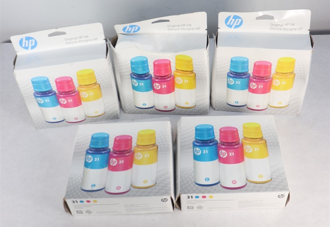 Lot 5 HP 31 Cyan, Magenta, Yellow Ink 3-Pk Bottles Exp. 04/26 & 05/26 Box Damage