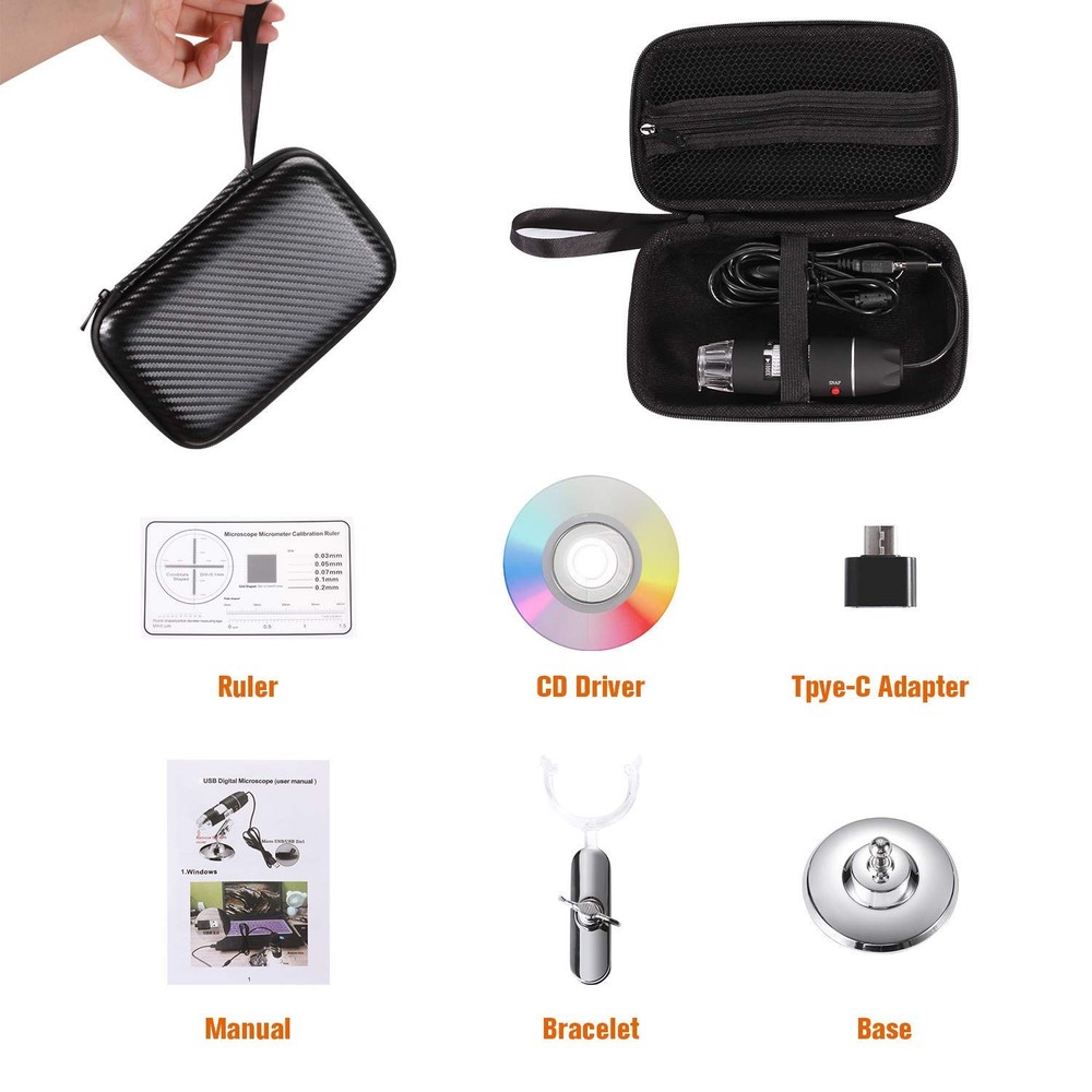 Digital Microscope 40X-1000X, 8 LED, Android Windows Linux Mac Compatible