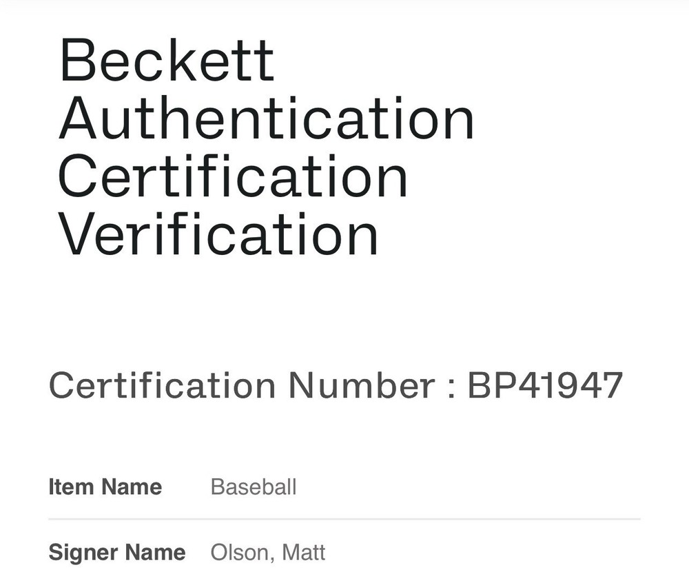 MATT OLSON W/#28 LICENSED BECKETT AUTHENTICATED SIGNED MINT MANFRED MLB BASEBALL