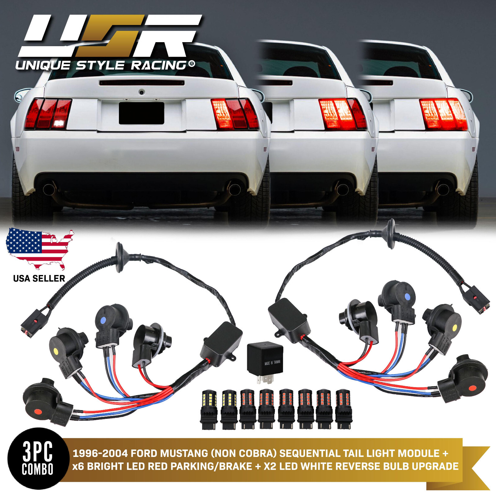 Plug&Play 8 LED Bulbs + Tail Light Harness + SEQUENTIAL SIGNAL For 96-04 Mustang