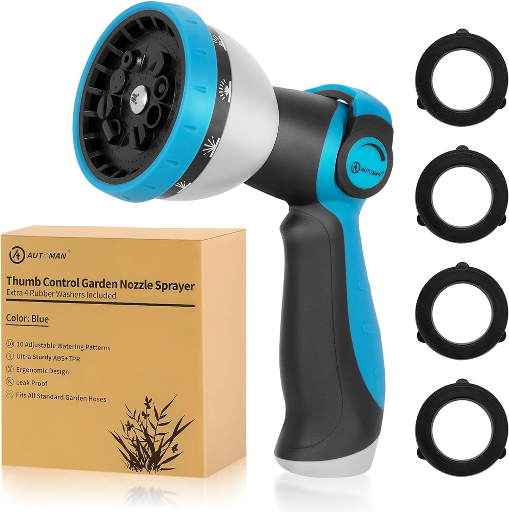AUTOMAN Garden Hose Nozzle - 10 Adjustable Spray Patterns, Thumb Flow Control Ho