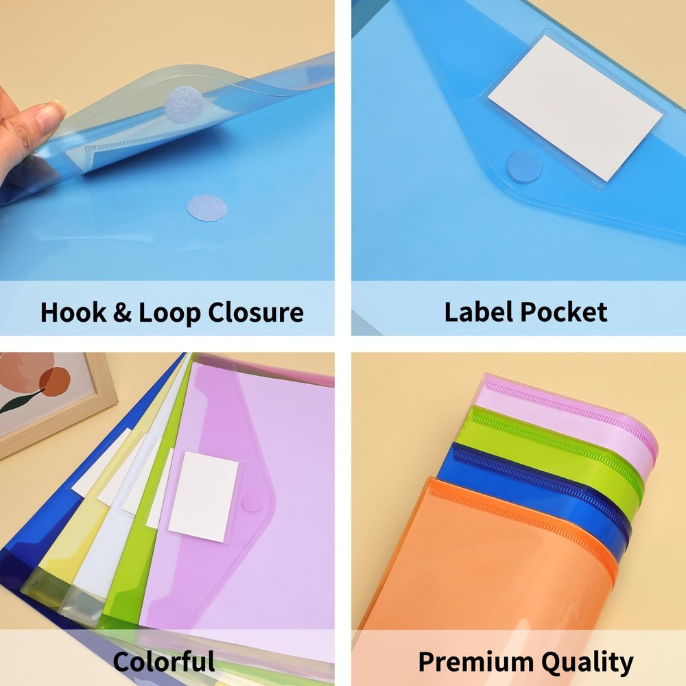 30 Pack 10 Color Plastic Envelopes Poly Envelopes, Hook & Loop Closure File F...
