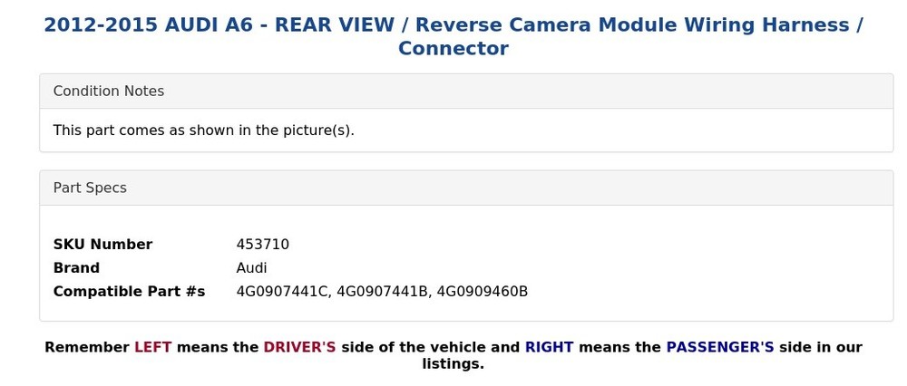 2012-2015 AUDI A6 - REAR VIEW / Reverse Camera Module Wiring Harness / Connector